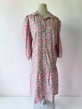 Vtg 80s  Models Coat Pink Floral XL House Dress Robe Puff Sleeve Sz L Cottage